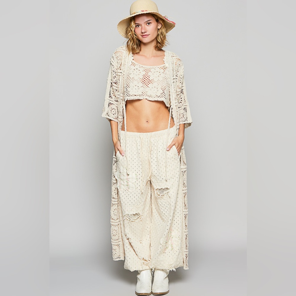 542. POL Maxi Tan Cream Crochet Cardigan long open flowy bohemian boho POL - Picture 4 of 6